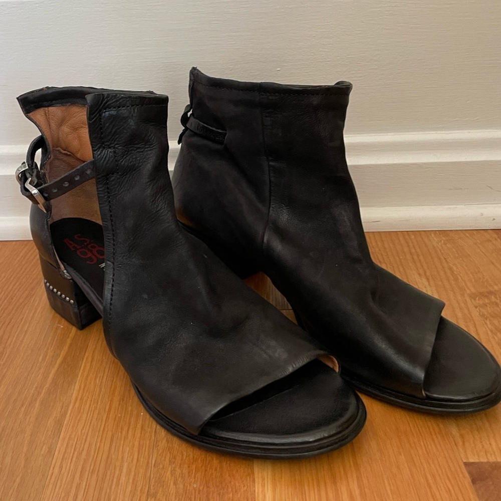 A.S.98 Morgan Heel Open Toe Sandal, BLACK, Leather with Buckle Strap, Size 42